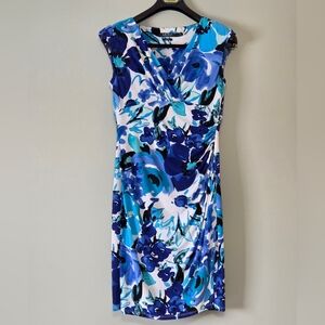 Lauren Ralph Lauren Blue Watercolour Floral Ruched Sheath Dress Size 8 🌊Coastal
